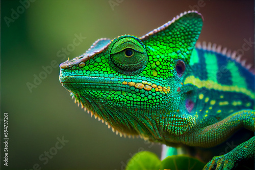 Lizard  macro  close-up view of a chameleon or gecko in green.