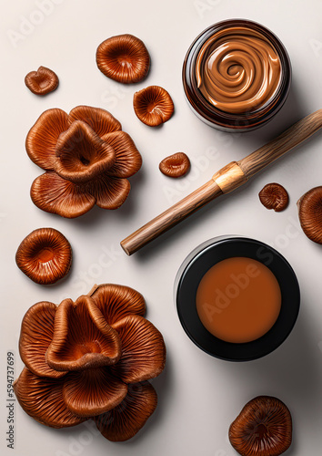Ganoderma Lucidum, Reishi, Lingzhi mushroom cosmetics and healthcare products. Skincare cream and lotion. Flatlay, top view. Generative Ai image