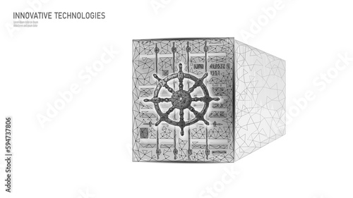 Wheel helm on container computer developer app concept. Business digital open source program. Data coding steering 3D low polygonal vector line illustration