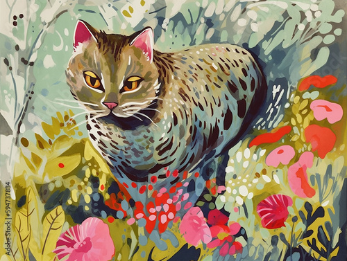 A colorful illustration of a cat surrounded by lush plants and vegetation Generative AI. © MiguelAngel