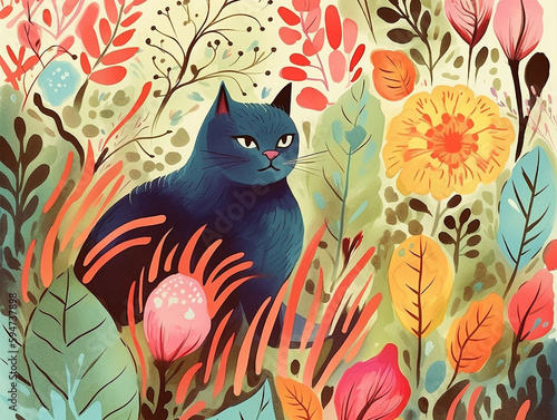 A colorful illustration of a cat surrounded by lush plants and vegetation Generative AI. © MiguelAngel