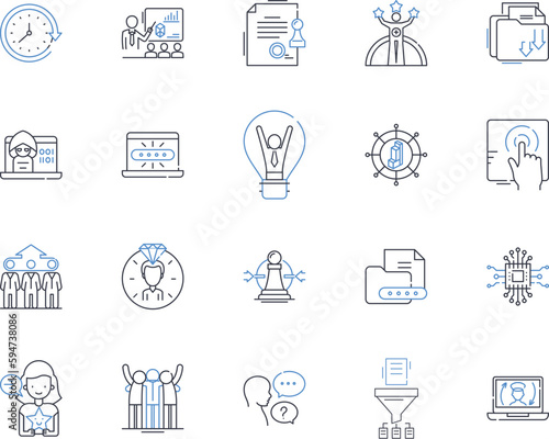 Strategic engagement line icons collection. Alignment, Collaboration, Coordination, Communication, Empowerment, Execution, Focus vector and linear illustration. Integration,Leadership,Mobilization