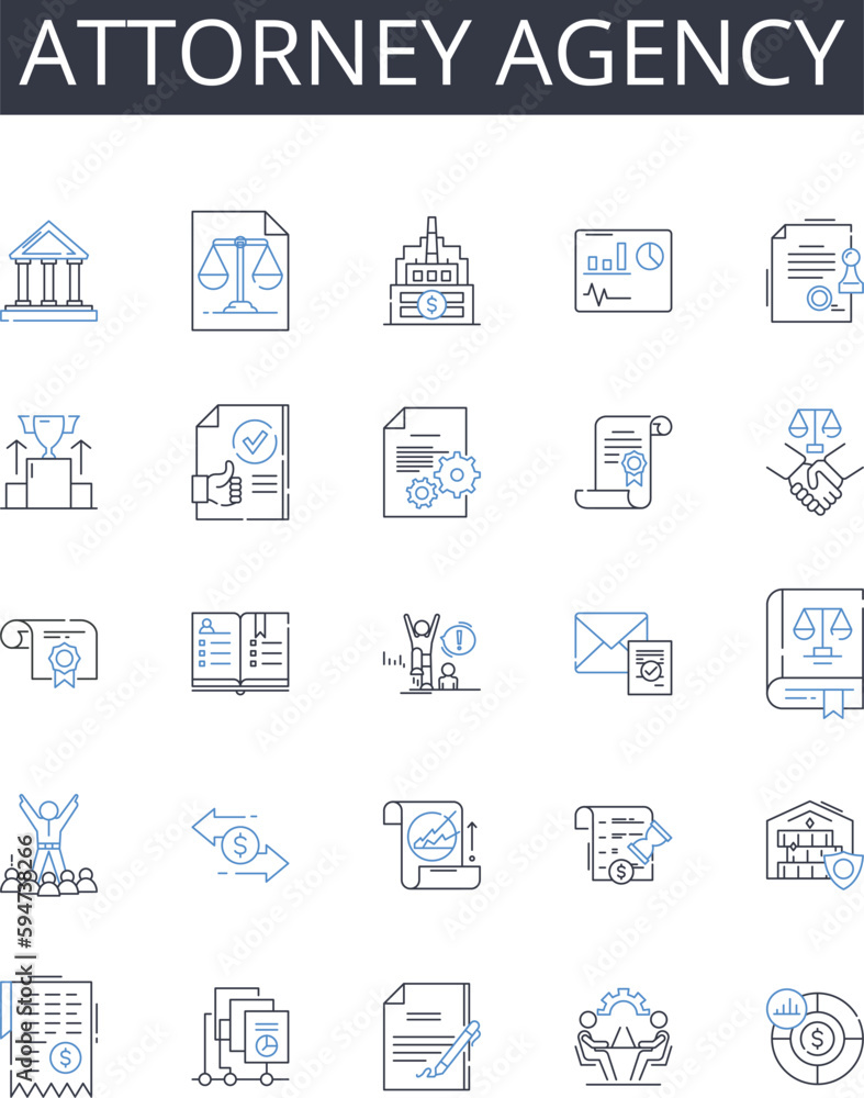 Attorney agency line icons collection. Counsel firm, Advocate bureau, Lawyer company, Solicitor office, Legal agency, Attorney house, Barrister enterprise vector and linear illustration. Litigation