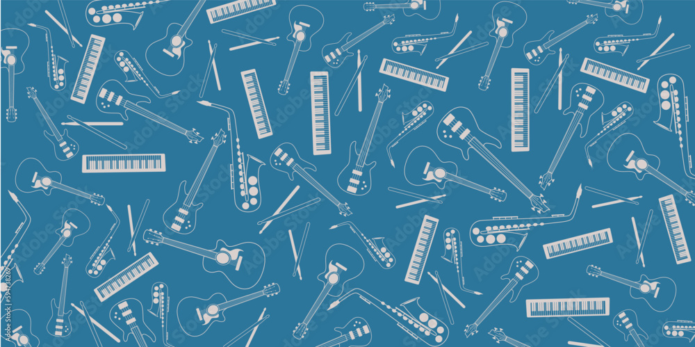 Music instruments illustration doodles - guitar, bass guitar, drums, piano and saxophone Music instruments illustration doodles - guitar, bass guitar, drums, piano and saxophone