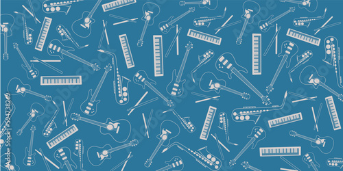 Music instruments illustration doodles - guitar, bass guitar, drums, piano and saxophone