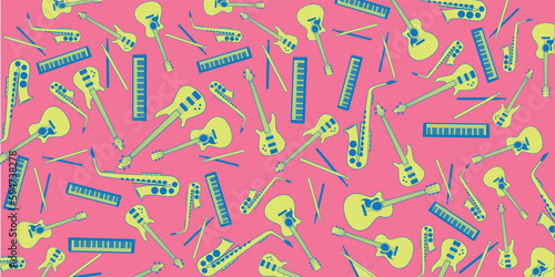 Music instruments illustration doodles - guitar, bass guitar, drums, piano and saxophone