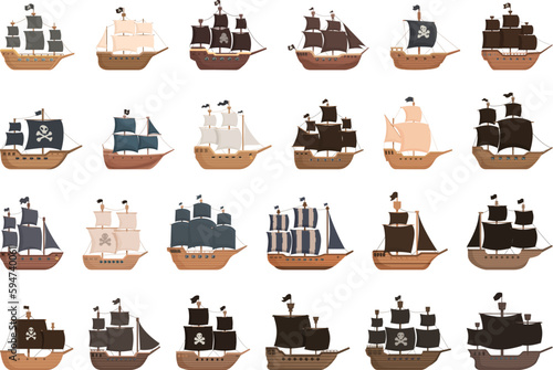 Pirate ship icons set cartoon vector. Wreck boat. Old sunken