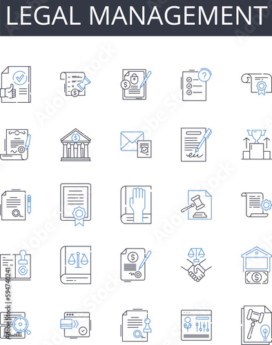 Legal management line icons collection. Medical administration, Financial control, Scientific direction, Corporate governance, Human resources, Technical supervision, Political leadership vector and