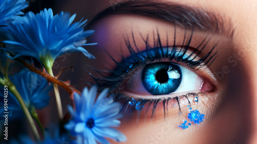 Macro image of human eye with blue flowers