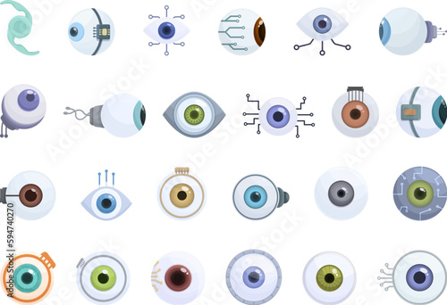 Eye implants icons set cartoon vector. Contact lens. People health
