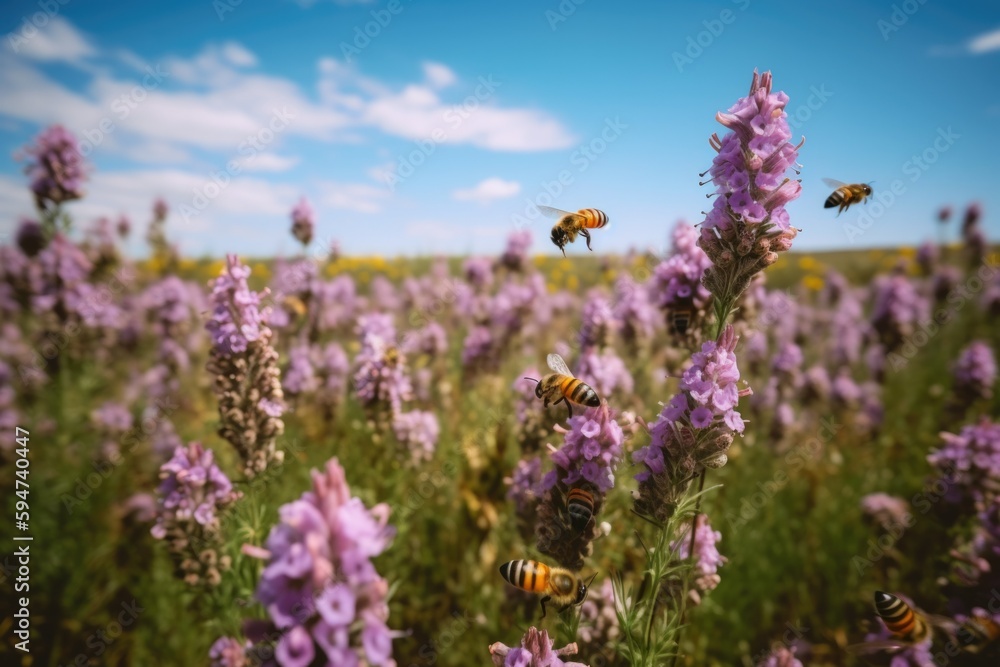 Fototapeta premium Photo of flowers and bees in the meadow