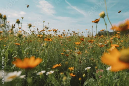 Photo of flowers and bees in the meadow