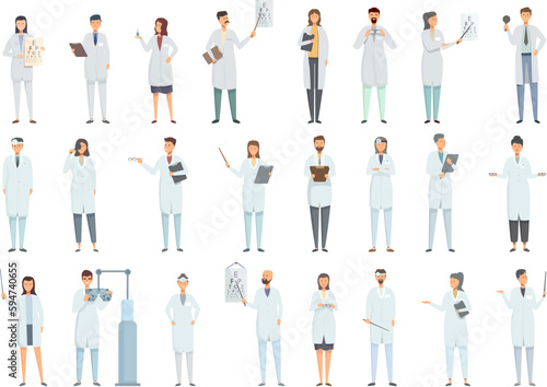 Optometrist icons set cartoon vector. Eye glasses. Children medical care