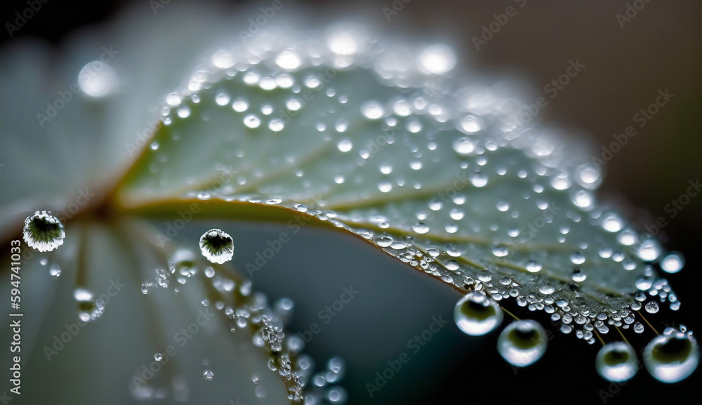 Beautiful water drops sparkle on plant, macro. Big droplet of morning dew outdoor, beautiful round bokeh. green light, generative ai Beautiful water drops sparkle on plant, macro. Big droplet of morning dew outdoor, beautiful round bokeh. green light, generative ai