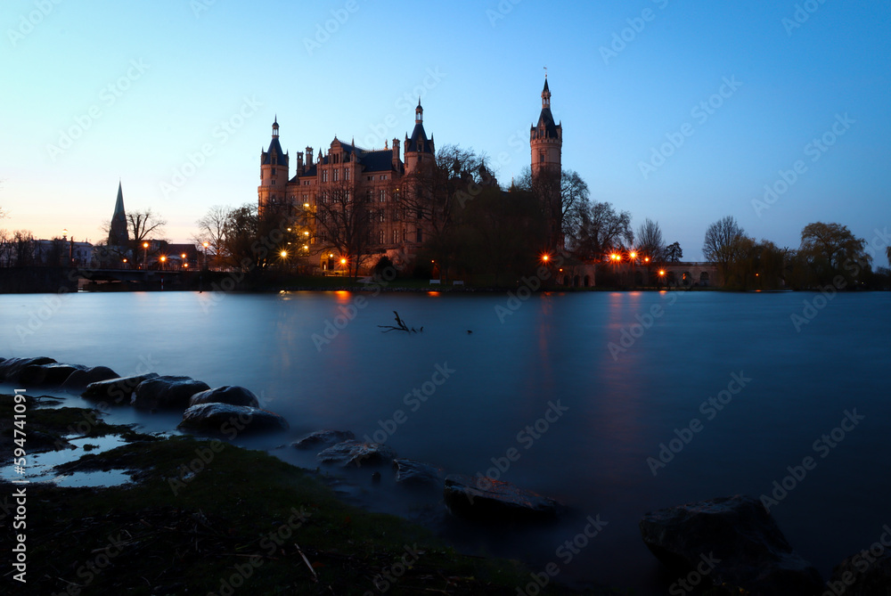 schwerin castle on the lake in long exposure