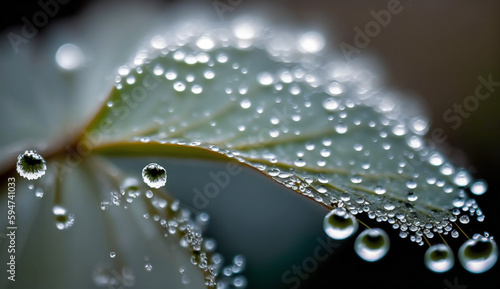 Beautiful water drops sparkle on plant, macro. Big droplet of morning dew outdoor, beautiful round bokeh. green light, generative ai