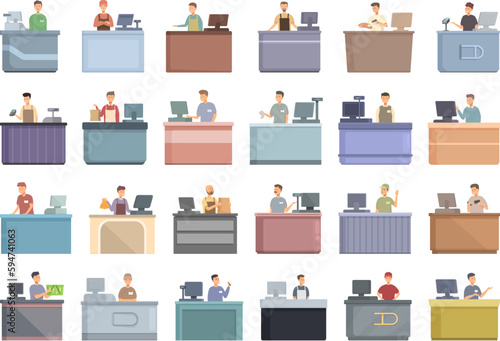 Male Cashier icons set cartoon vector. Retail customer. Shop desk