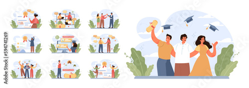 High school or college graduation set. Celebration and diploma awarding