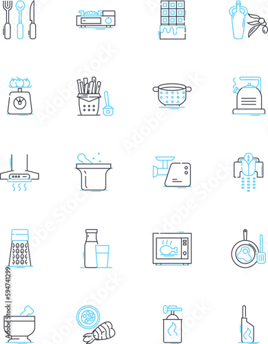 Baking meal linear icons set. Flour, Yeast, Sugar, Butter, Eggs, Milk, Vanilla line vector and concept signs. Cinnamon,Nutmeg,Baking outline illustrations
