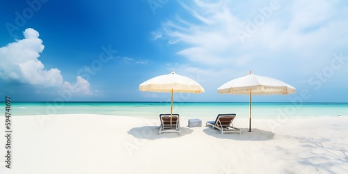 Beautiful beach banner. White sand, csunbeds and umbrella travel tourism wide panorama background concept. Amazing beach landscape. Generative AI