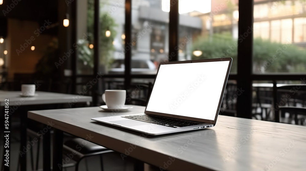 Laptop computer mock-up with cut out screen on background of coffee shop. Based on Generative AI Laptop computer mock-up with cut out screen on background of coffee shop. Based on Generative AI