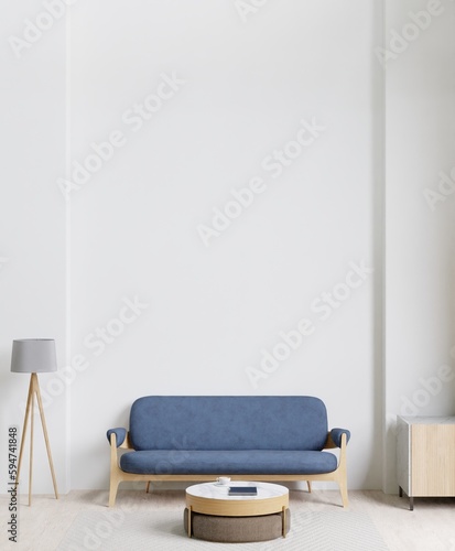3D rendering minimal style living room with wooden floor ,white wall,big blue couch,big window,carpet,wooden cabinet.