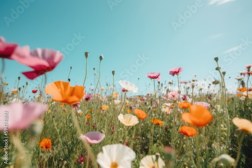 Photo of wild poppies in a field on a sunny day