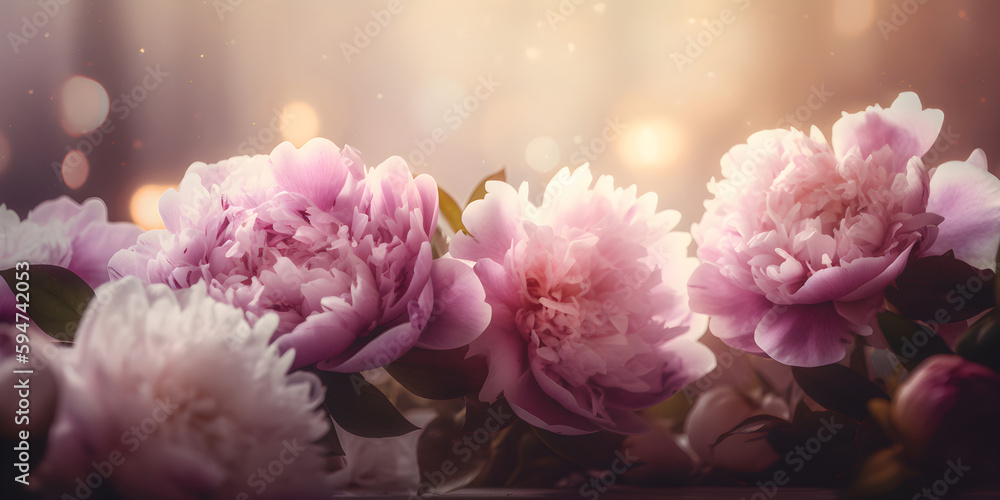 Blooming pink peony flowers wide long banner Blooming pink peony flowers wide long banner