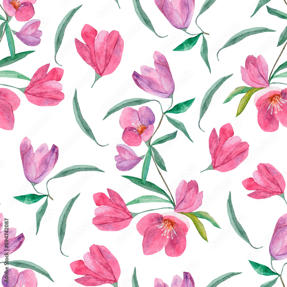 Watercolor seamless pattern with pink flowers. Watercolor with purple pink flowers pattern. Watercolor flowers. Pattern for printing on fabric, gift wrapping, invitations.