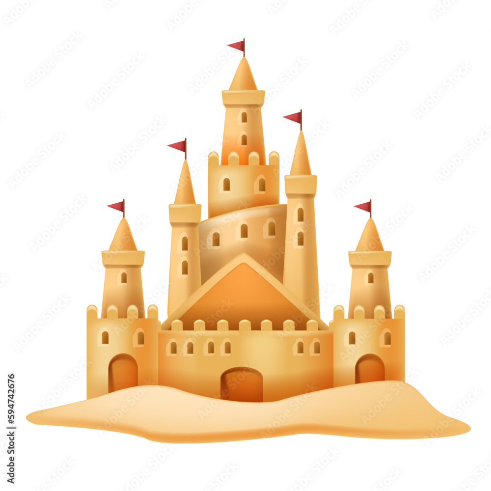 3D sand castle summer illustration, kids beach vacation vector building, holiday sea sculpture. Cartoon travel architecture medieval house, children outdoor tropical game. Sand castle shore clipart 3D sand castle summer illustration, kids beach vacation vector building, holiday sea sculpture. Cartoon travel architecture medieval house, children outdoor tropical game. Sand castle shore clipart