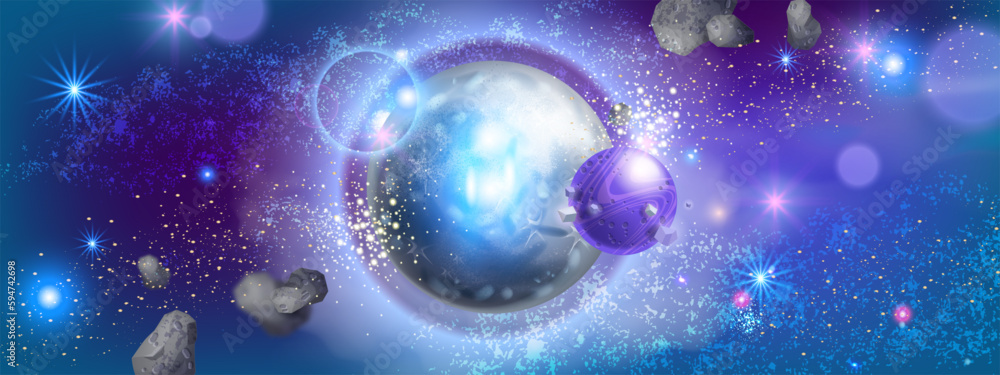 Game space planet background, cartoon purple vector neon alien galaxy banner, cosmic star sky. Universe planetary nebula illustration, moonstone rock, sci-fi atmosphere clipart. Space planet banner Game space planet background, cartoon purple vector neon alien galaxy banner, cosmic star sky. Universe planetary nebula illustration, moonstone rock, sci-fi atmosphere clipart. Space planet banner