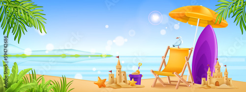 3D beach background, cartoon ocean tropical vector landscape, sand castle, surfboard, sun umbrella. Vacation exotic seashore nautical view, chair, island gull season journey. Sunny beach background