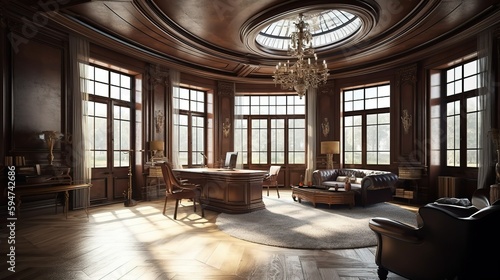 Luxurious classic office interior with beautiful wooden furniture, with big windows. Generative Ai