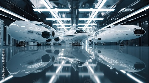 White and black  glossy interior space facility meintenance gargo, sci-fi image, futuristic space explorartion. Generative Ai