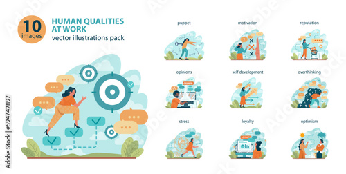 Office worker set. Business character or employee daily attitude