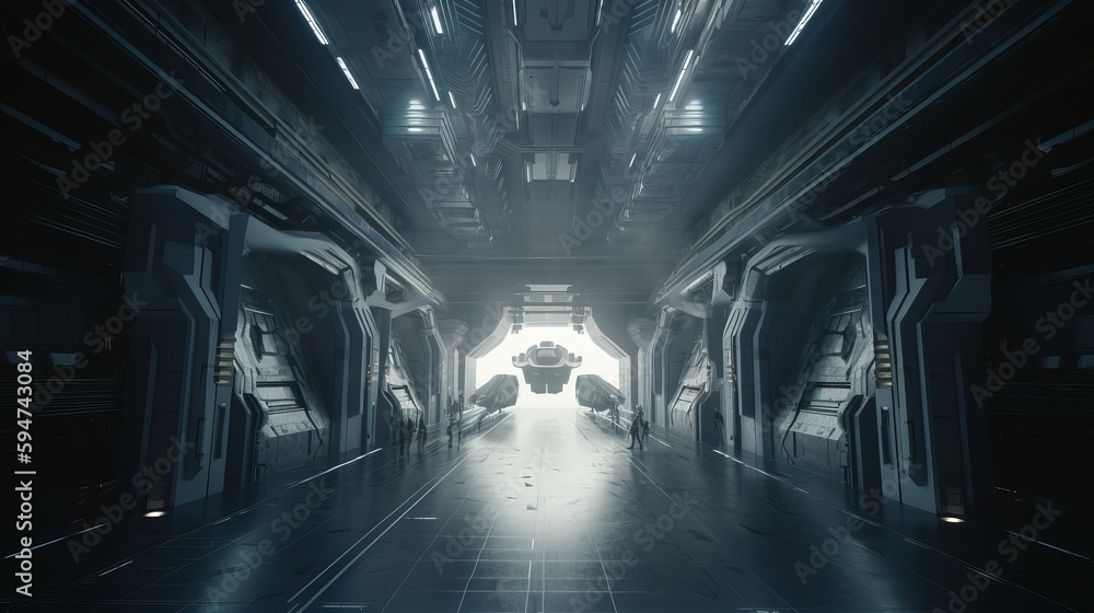 Space ships facility in a futuristic world of tommorow. Generative Ai Space ships facility in a futuristic world of tommorow. Generative Ai
