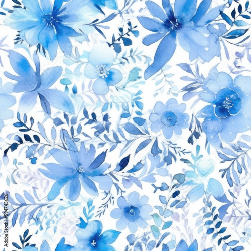 Light blue floral watercolor seamless pattern. Generative AI background