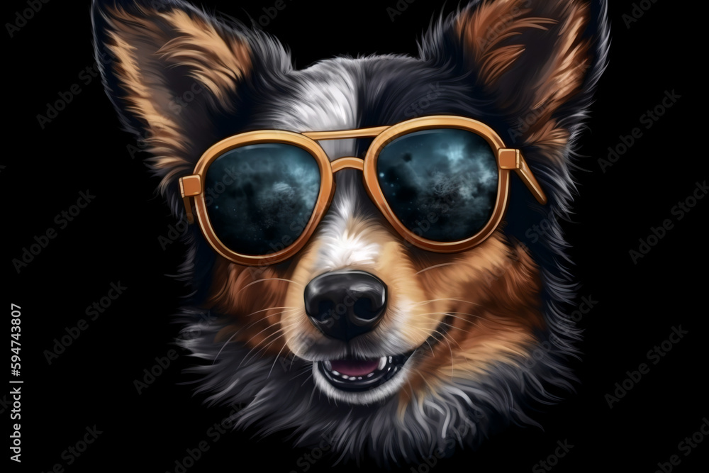 Cool Dog with Sunglasses on Black Background Summer Generative AI
