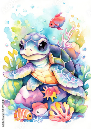 Cute little sea turtle. Generative AI watercolor illustration for kids © Evarelle