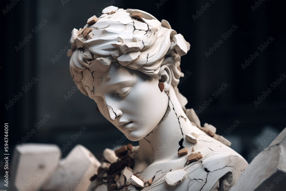 Broken ancient greek statue woman head falling in pieces. Broken