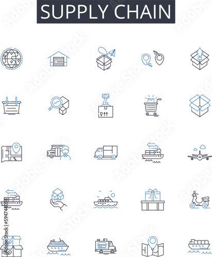Supply chain line icons collection. Value stream, Logistics nerk, Manufacturing flow, Distribution channel, Product pipeline, Operations pipeline, Resource pipeline vector and linear illustration