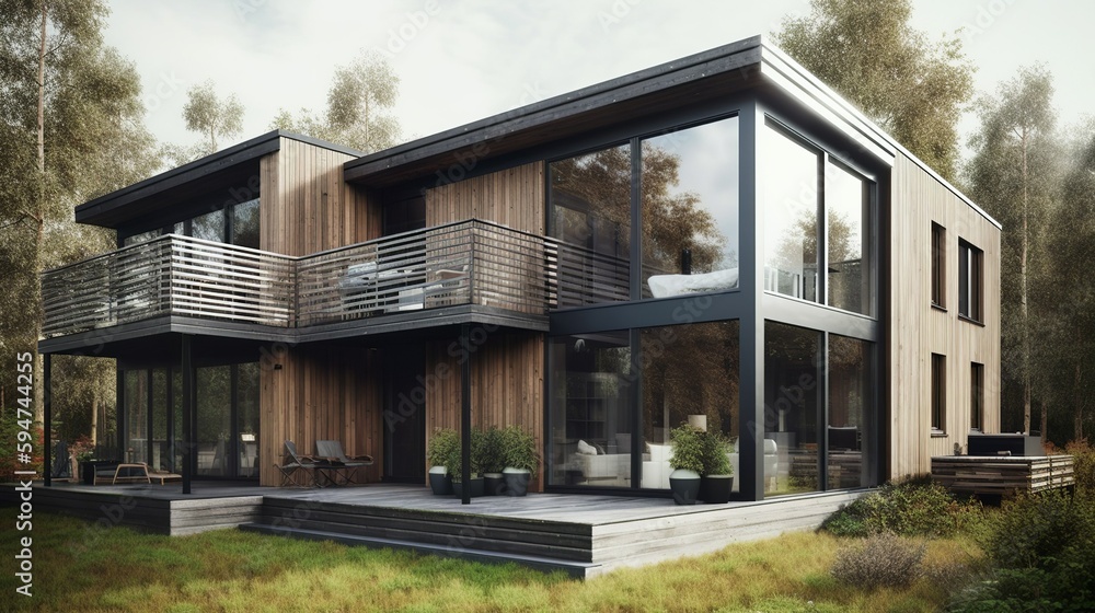 Nordic style airy and light  house exterior with wooden details, AI generated 