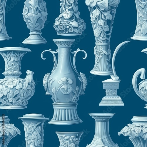 Seamless pattern with art nouveau pots and vases. Made with Generative AI.