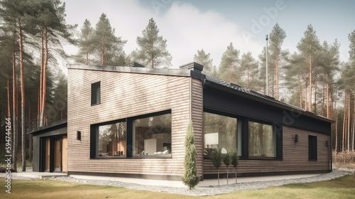 Modern and nordic style luxury house exterior panoramic windows, AI generated with panoramic windows