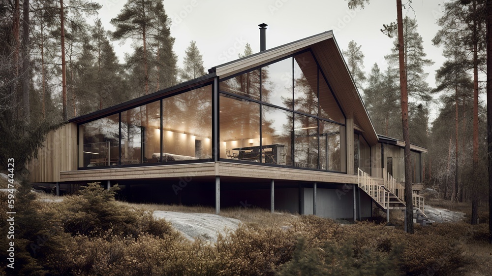 Modern and nordic style luxury house exterior panoramic windows, AI generated with panoramic windows Modern and nordic style luxury house exterior panoramic windows, AI generated with panoramic windows
