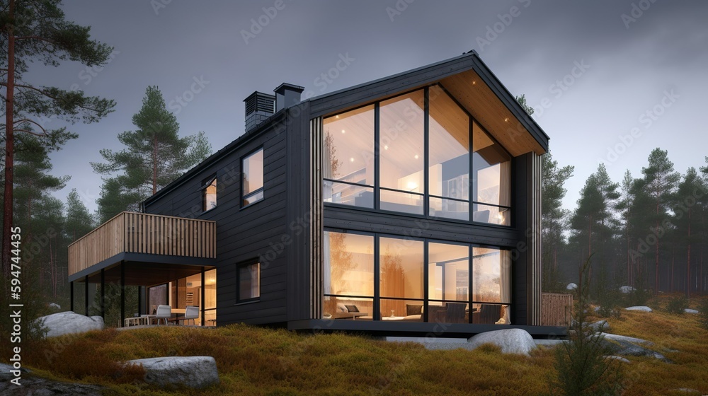 Fototapeta premium Scandinavian and modern vibe house exterior with panoramic windows, AI generated 
