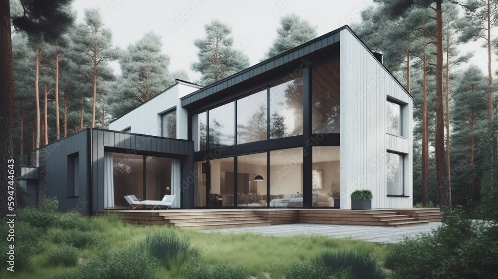 Scandinavian and modern vibe house exterior with panoramic windows, AI generated Scandinavian and modern vibe house exterior with panoramic windows, AI generated