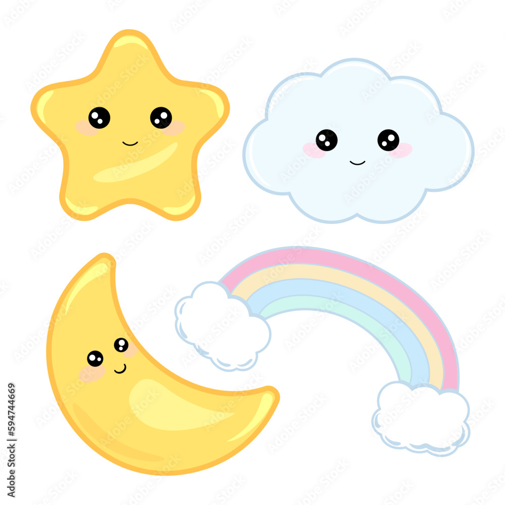 Children's set of cute kawaii natural phenomena of a cheerful cloud, rainbow, asterisks, moon in cartoon style children's elements for the design of wrappers, wallpapers, cards, fabrics