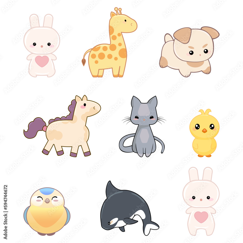 Obraz premium Set of cute kawaii animals bunny with a heart, chick, cat, puppy, dog, giraffe, killer whale, duck, bird, funny horse, pony in cartoon style children's elements for wrap design, wallpapers, cards