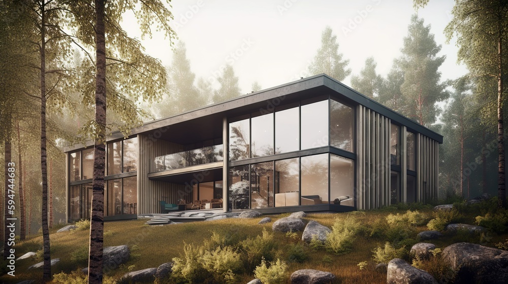 Modern and nordic style luxury house exterior panoramic windows, AI generated with panoramic windows Modern and nordic style luxury house exterior panoramic windows, AI generated with panoramic windows